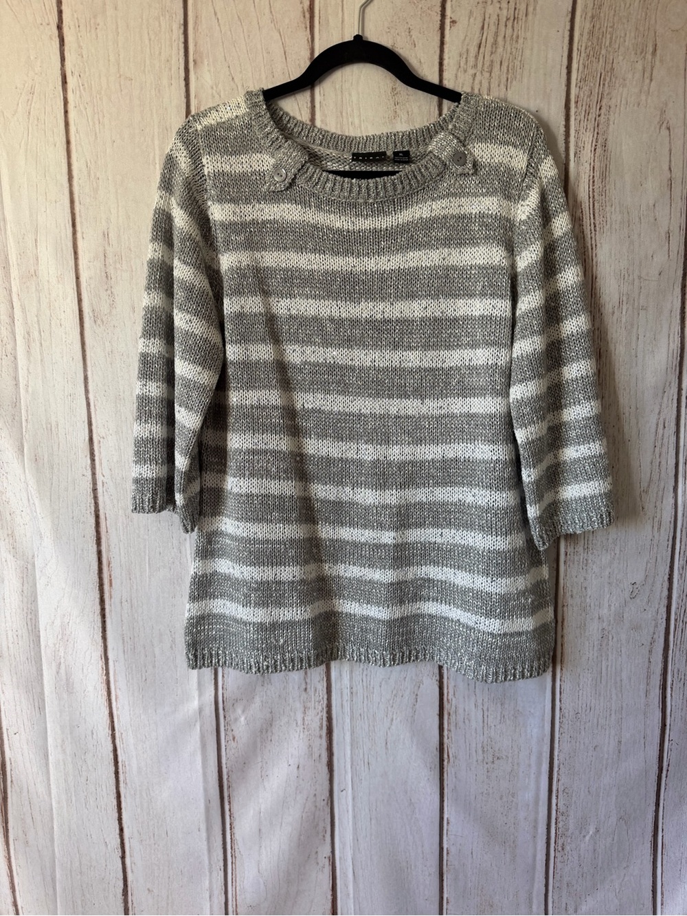 Tribal Striped Sweater Size XL Grey White Metallic Button Accent